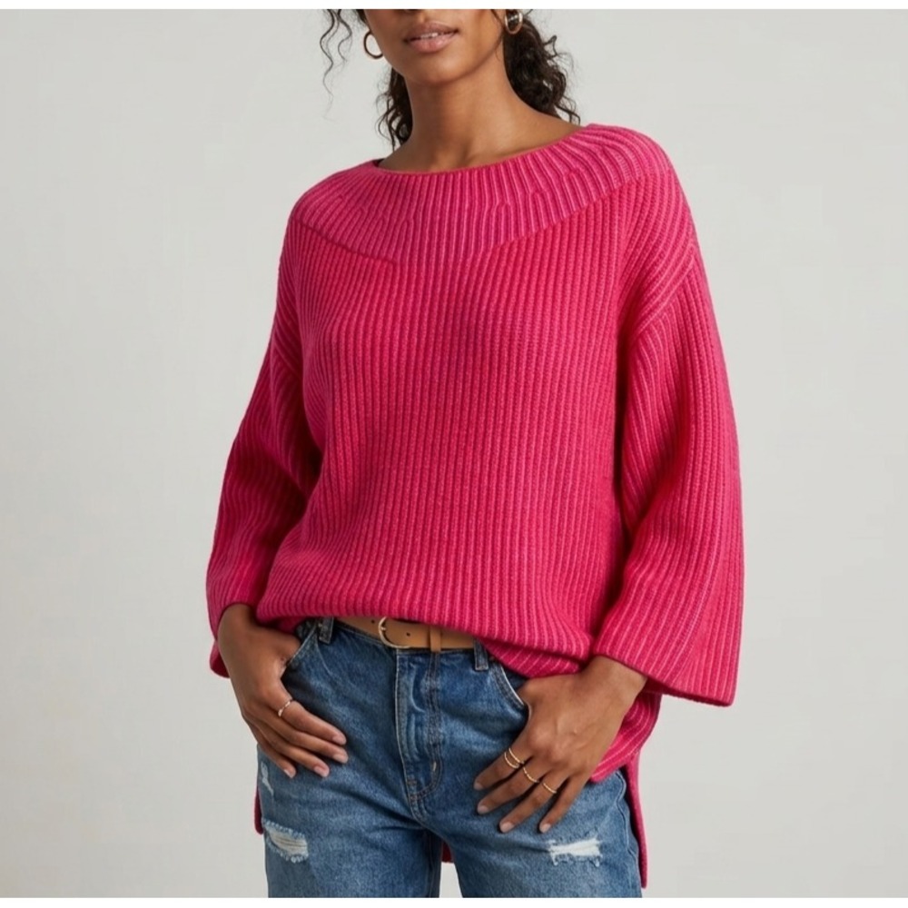 Free People Oversized Chunky Knit Sweater Womens Large Pink Boho Coastal Heavy